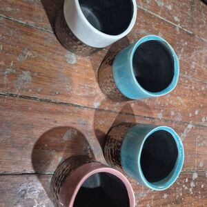 Set of Four Ceramic Planters - White, Blue, Pink, and Brown